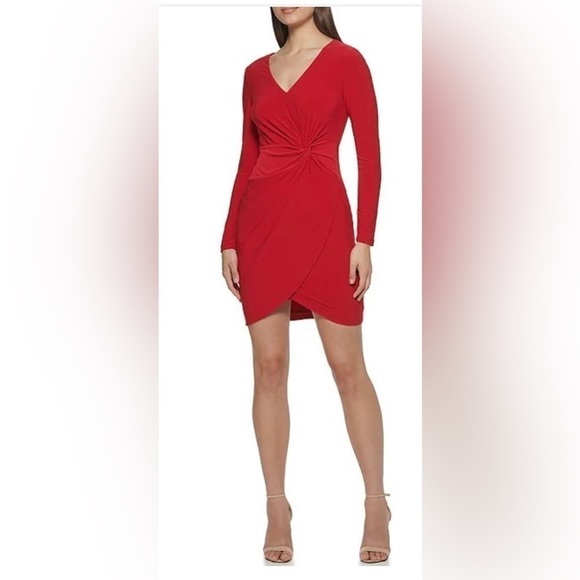 NWT Guess V-Neck Long Sleeve Twist Knot Waist Tulip Hem Sheath Dress Size 12 - Picture 1 of 8